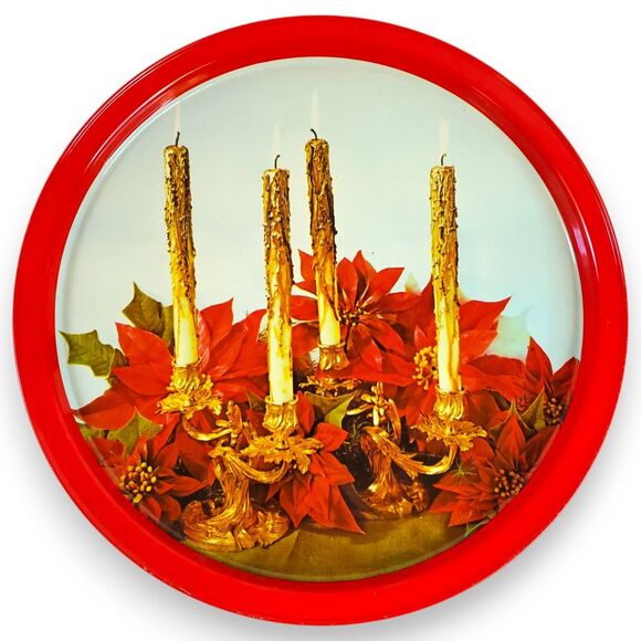 Vintage Set of 3 Christmas Tin Trays Atlantic Can Co Style Round Serving MCM - Picture 3 of 16